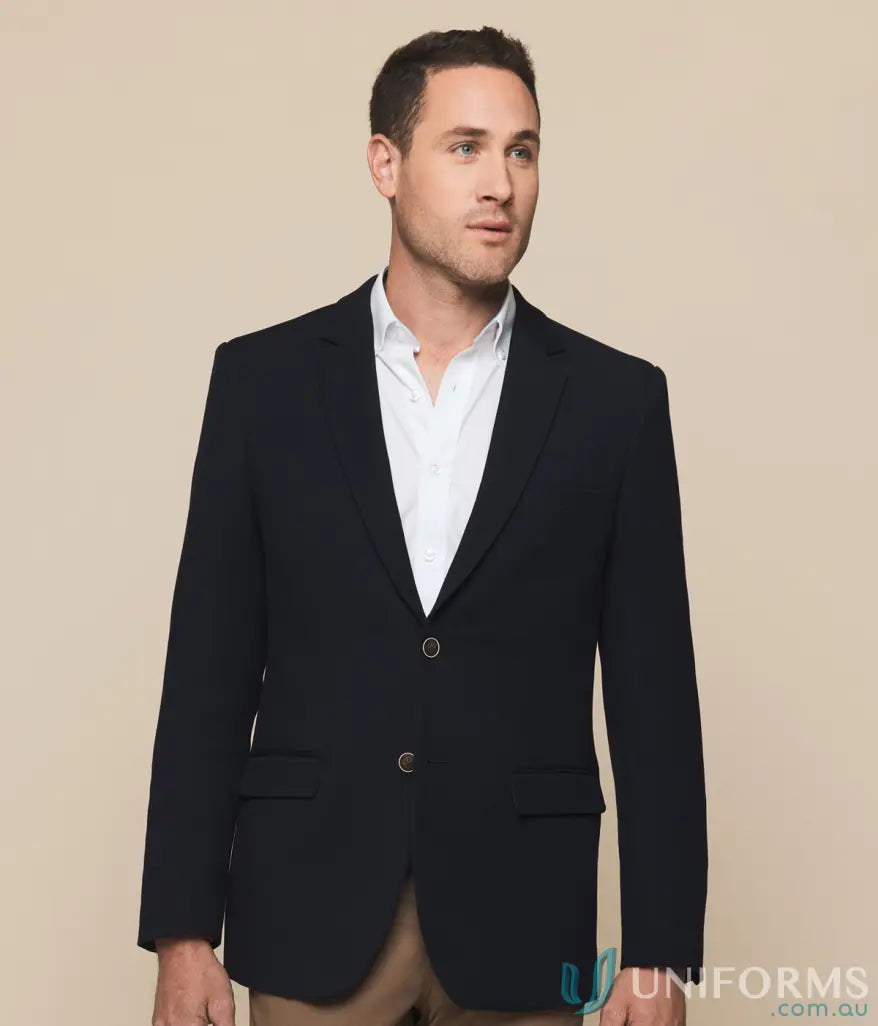Bronte mens textured blazer with sleek black fit and silver buttons