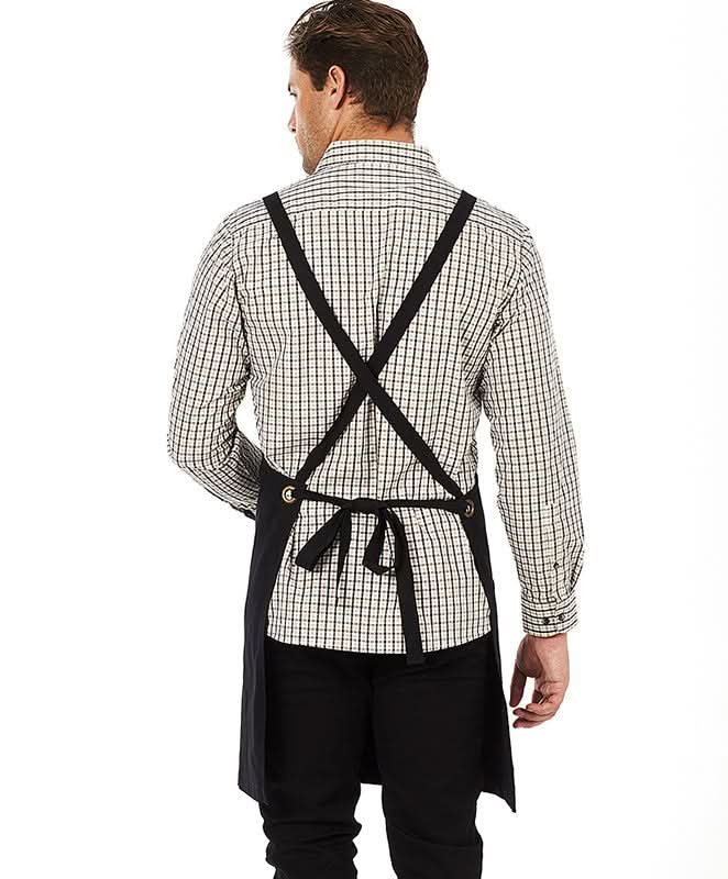Black apron with crisscross straps from Brooklyn Canvas Bib in sage green black textile style