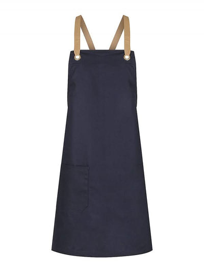 Navy blue apron with tan straps from Brooklyn Canvas Bib Apron collection