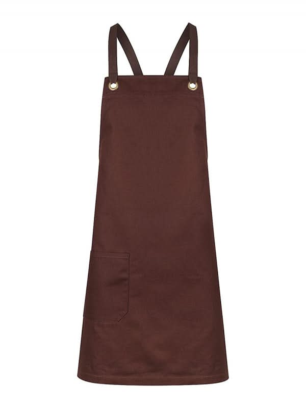 Brown apron with straps and pocket, Brooklyn Canvas Bib Apron in chocolate denim style