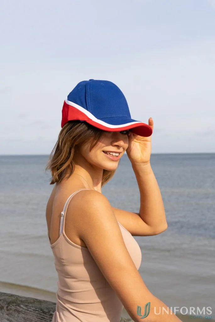 Woman in Brushed Heavy Cotton Tri Coloured Cap with blue, red, and white design