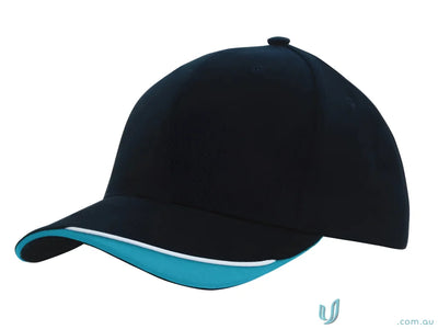 Black and turquoise baseball cap in brushed heavy sports twill with contour trim