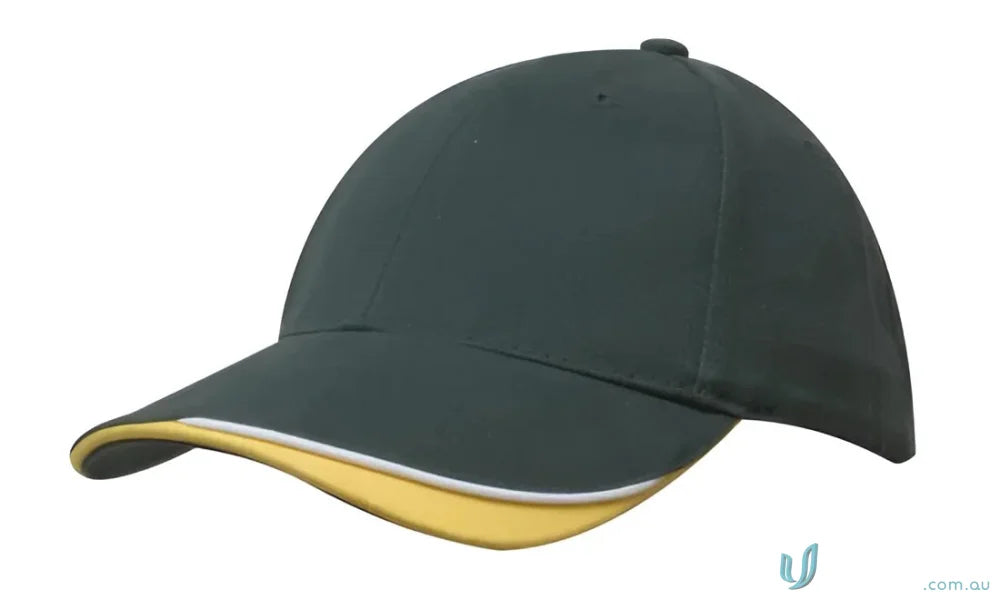 Green and yellow baseball cap from Brushed Heavy Cotton high stock range with centimeter imprint