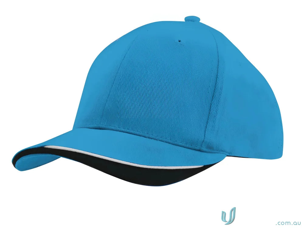 Turquoise baseball cap in brushed heavy sports twill with contour trim and black white details