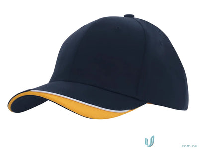 Navy and gold baseball cap made of brushed heavy sports twill with contour trim