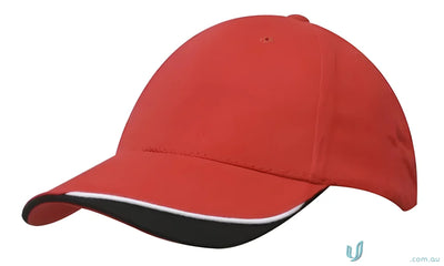 Red baseball cap with black and white contour trim in brushed heavy sports twill