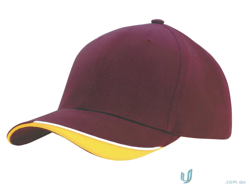 Maroon baseball cap with yellow brim in brushed heavy sports twill with contour trim