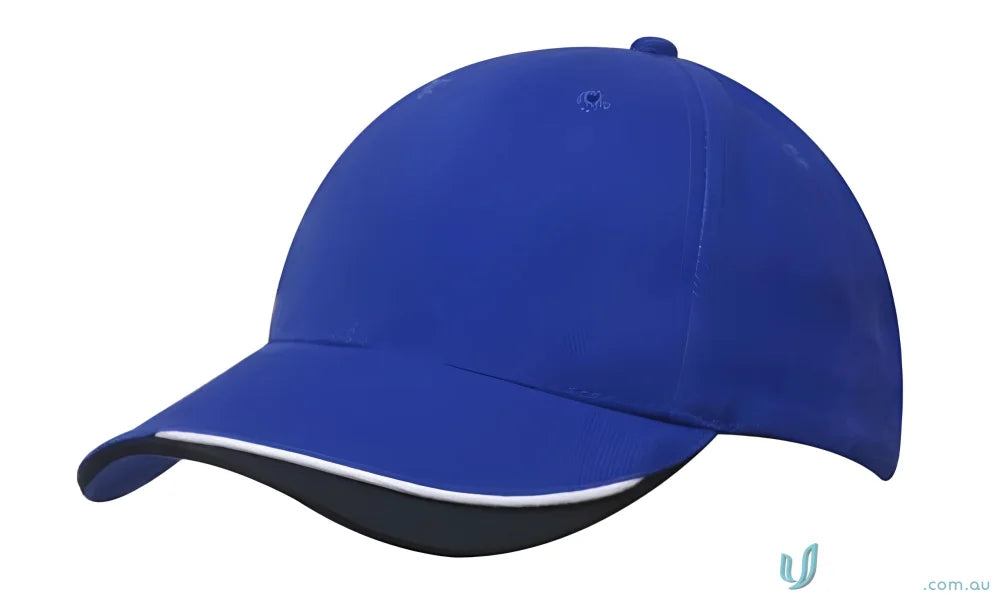 Blue baseball cap with white trim made from brushed heavy sports twill with contour trim