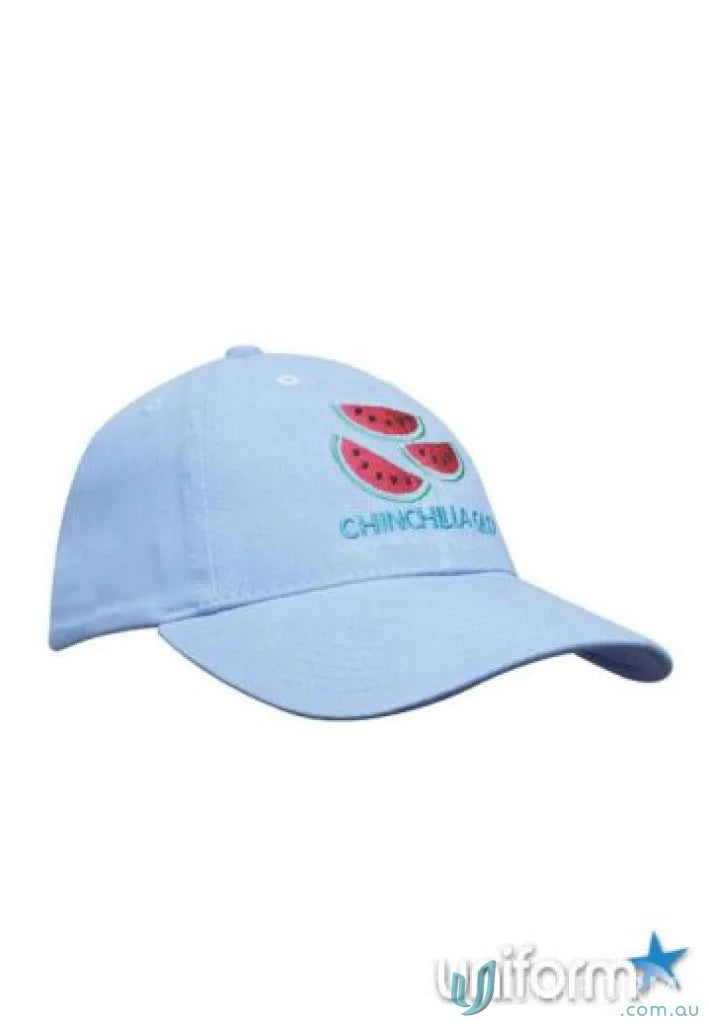Light blue brushed heavy cotton youth size cap with watermelon and chinchilla embroidery