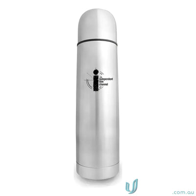 Silver stainless steel vacuum flask with screw-on cap and logo for Bullet 500ml