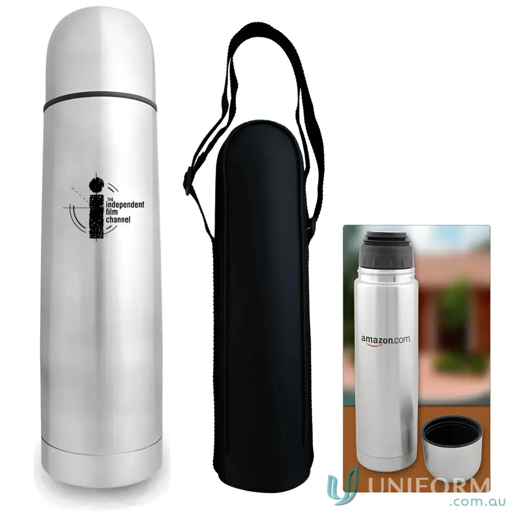 Stainless steel vacuum flask with screw-on cap and carrying case for on-the-go use