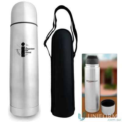 Stainless steel vacuum flask with screw-on cap and carrying case for on-the-go use