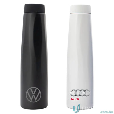 Two Calypso 750ml stainless steel double-walled vacuum water bottles with ergonomic rotating handles