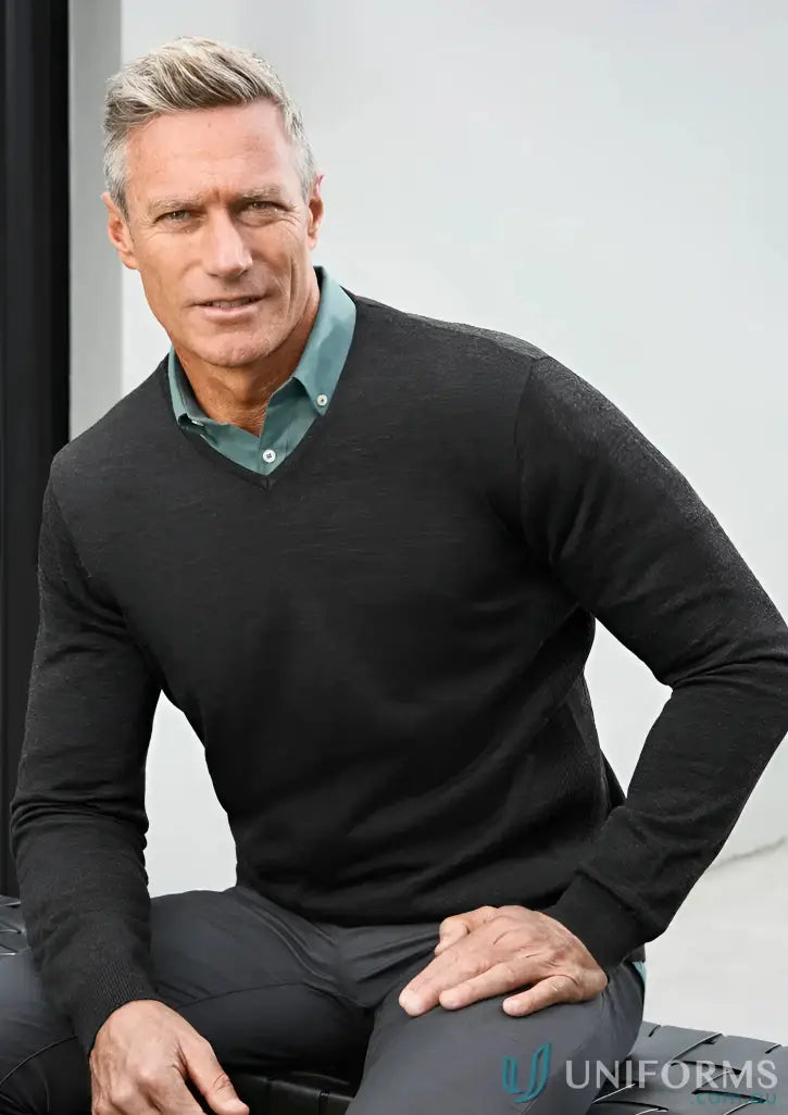 Man in dark gray roma knit pullover from Cann Compounding EMB Mens LS Pullover collection Roma knit