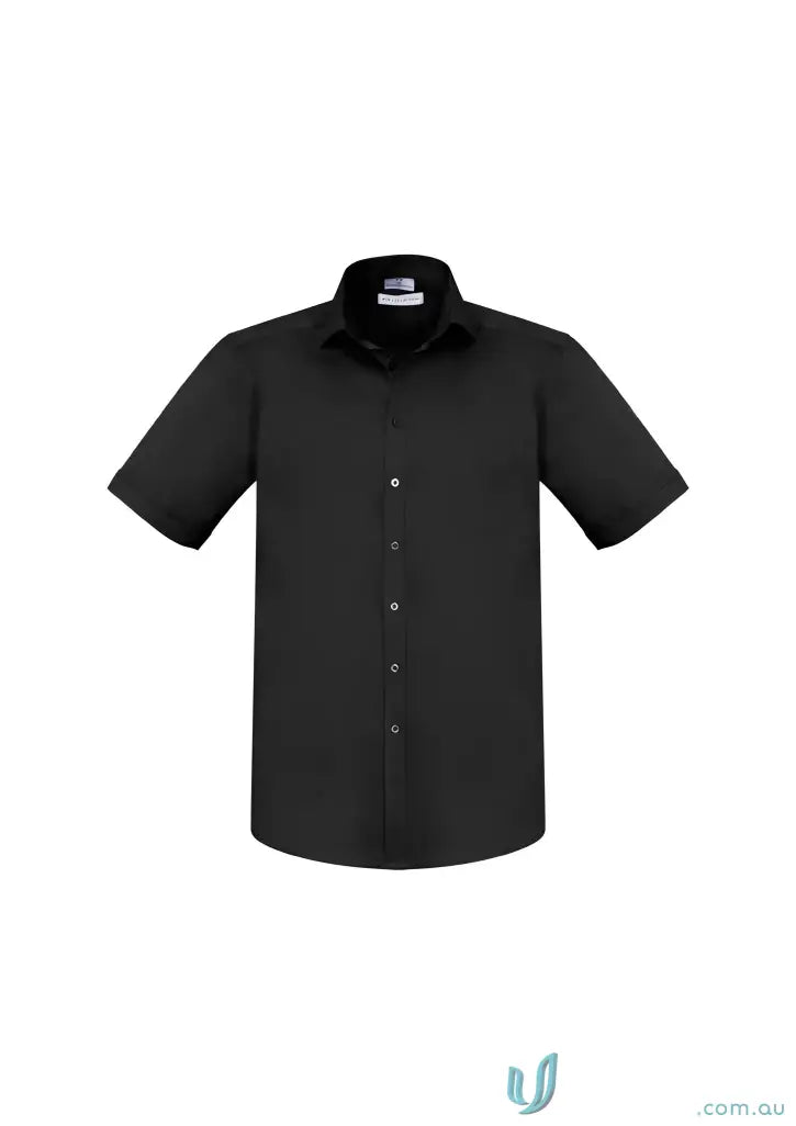 Black short-sleeved Monaco SS shirt with classic collar and white buttons for men