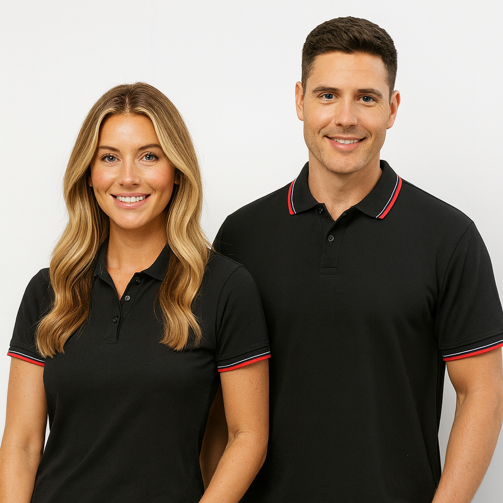 Canterbury Polo black shirt with red white trim, cambridge short sleeve p227ms