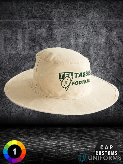 Beige Canvas Hat with Green Logo, perfect for uniforms and casual workwearFAQ link included