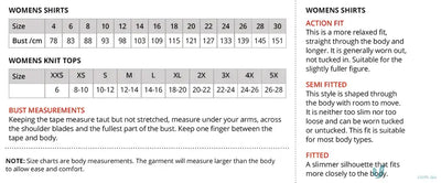 Clothing size charts and fit tips for Cascade Top knit and woven uniforms quick guide