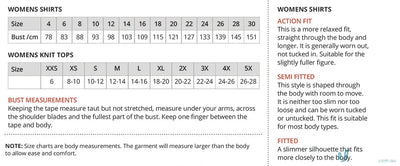 Clothing size charts and fit info for CC LS Stripe Shirt from City Collection Range with button adjustable cuff long sleeve