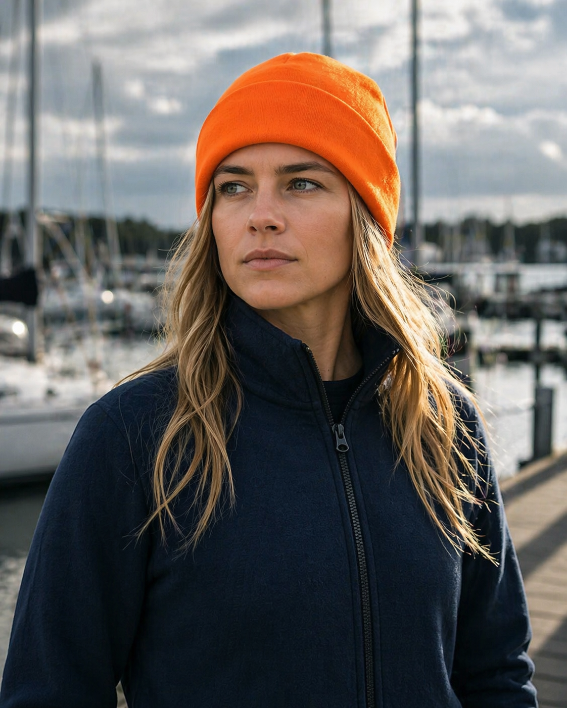 Bright orange safety polar fleece beanie perfect for work uniforms and durable workwear essentials