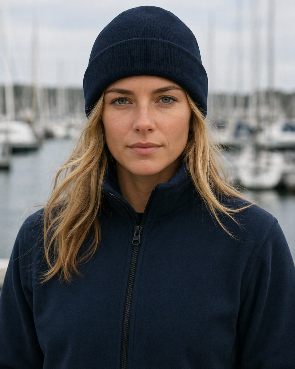 Navy blue polar fleece beanie with knit texture perfect for work uniforms and outdoor workwear protection