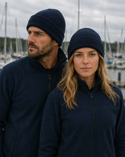 Navy blue polar fleece beanie knit hat perfect for workwear and uniforms to keep warm on the job