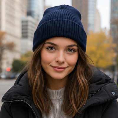 Navy blue ribbed knit roll up cable knit snug beanie perfect for uniforms and workwear in cold weather