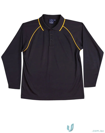 Black long-sleeved polo shirt with gold trim from Champion Raglan LS Contrast Polo, cooldry champion long style