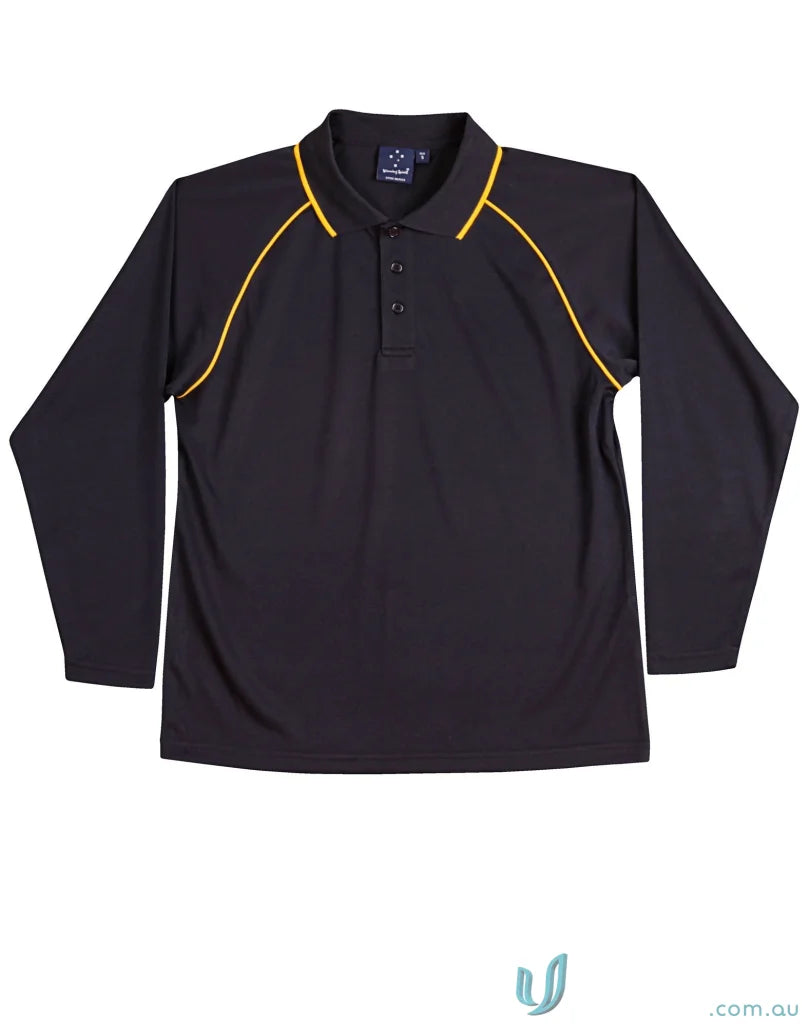Black long-sleeved polo shirt with gold trim from Champion Raglan LS Contrast Polo, cooldry champion long style
