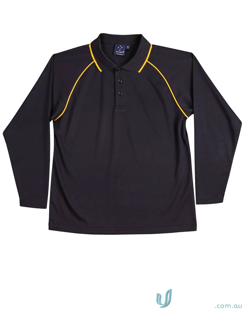 Black long-sleeved polo shirt with gold trim from Champion Raglan LS Contrast Polo, cooldry champion long sleeve polo ps43