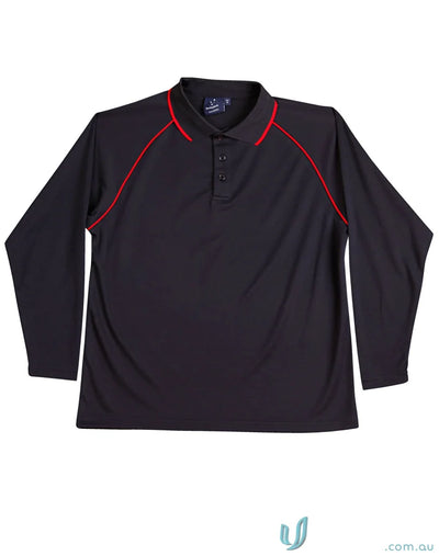Black long-sleeved polo with red trim from Champion Raglan LS Contrast Polo, perfect for cooldry champion long style