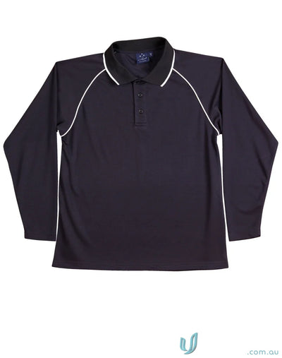Black long-sleeved polo shirt with white trim from Champion Raglan LS Contrast Polo, perfect for winning spirit raglan style