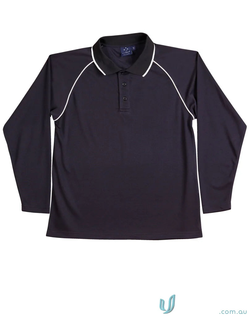 Black long-sleeved polo shirt with white trim from Champion Raglan LS Contrast Polo, perfect for winning spirit raglan style