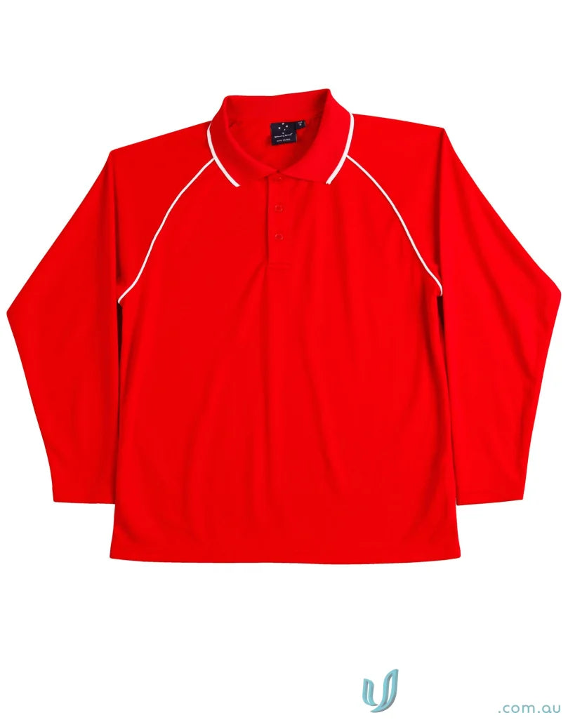 Red long-sleeved polo shirt with white trim from Winning Spirit Raglan collection, cooldry champion long style, PS43