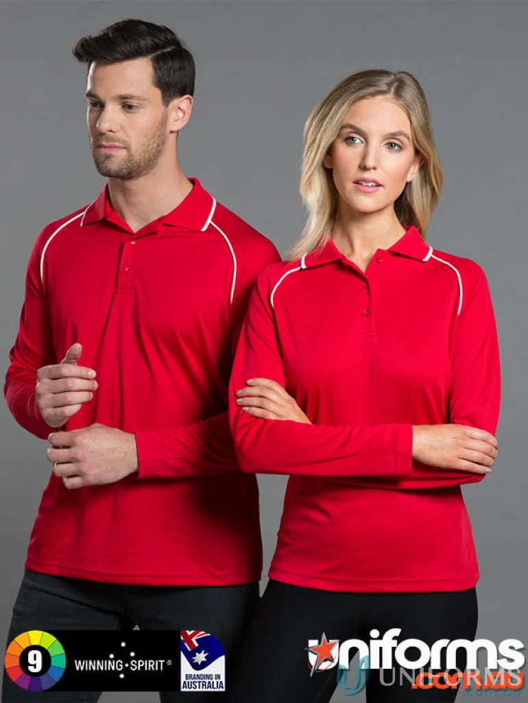 Matching red long-sleeved polo shirts from Winning Spirit Raglan collection, cooldry champion PS43
