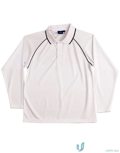 White long-sleeved polo shirt with black trim from Winning Spirit Raglan collection, cooldry champion long style