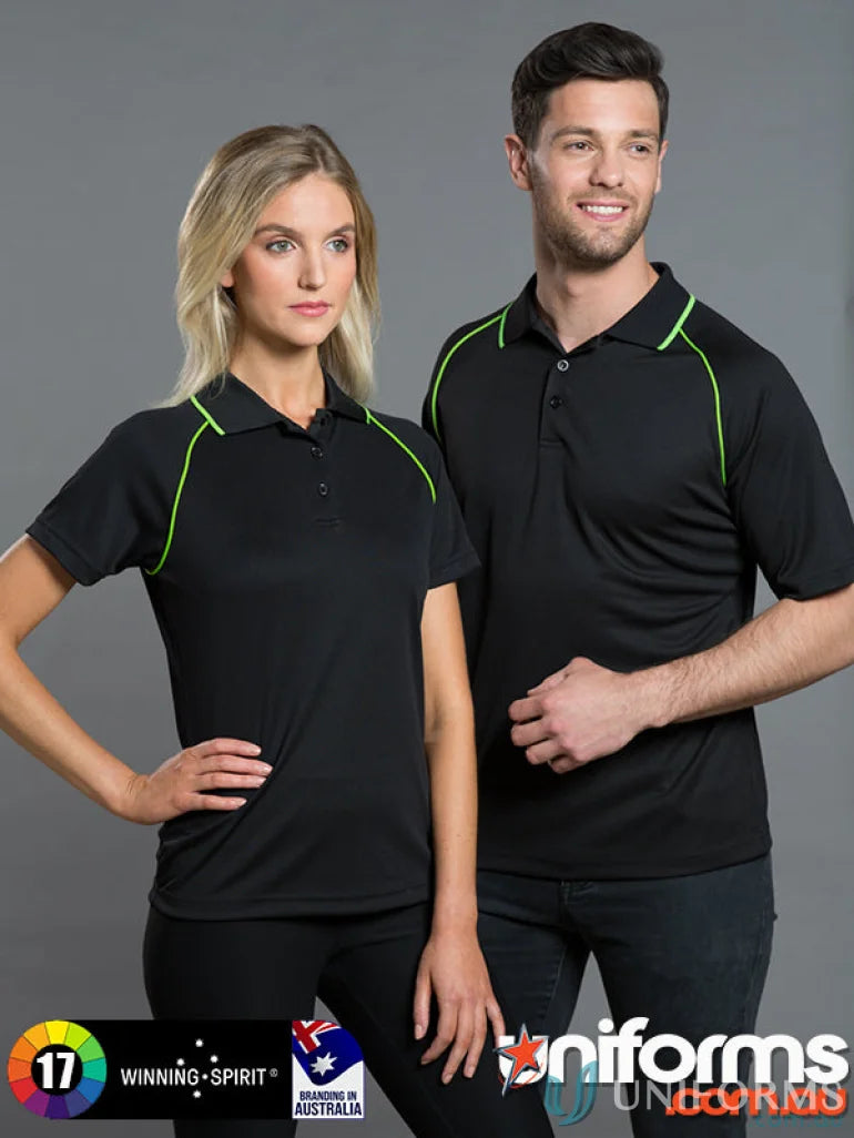 Matching black champion cooldry raglan polo shirts with neon green trim for the Winning Spirit Champion Polo