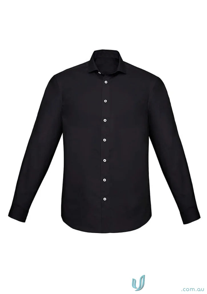 Charlie Slim Fit LS Shirt with mechanical stretch and white buttons in black