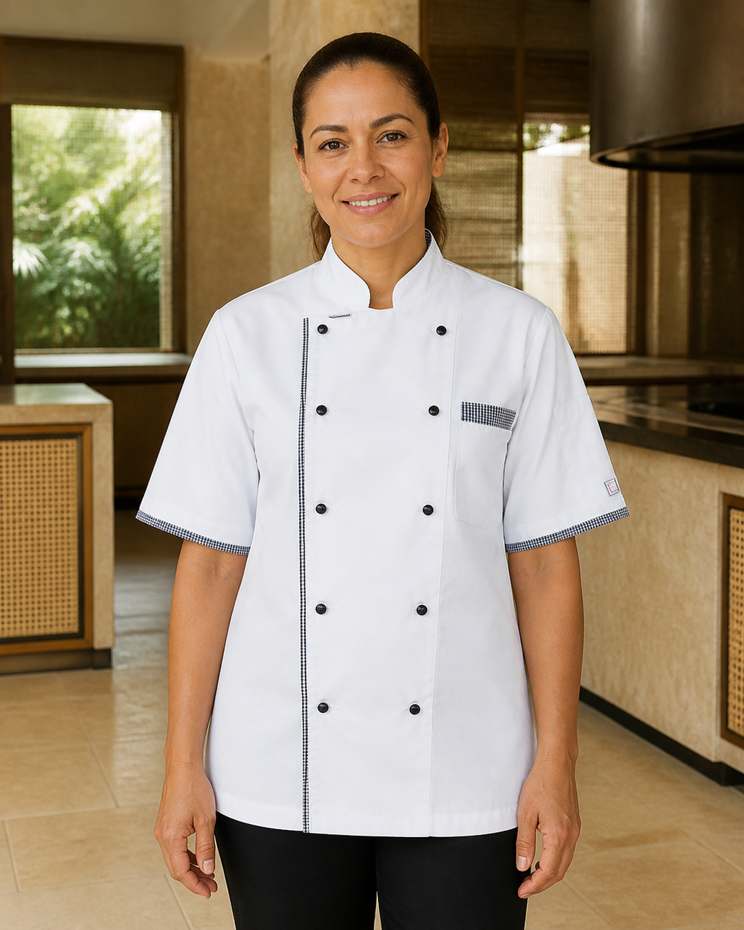 ChefWorks Executive short sleeve vented chef jacket in white with check trim