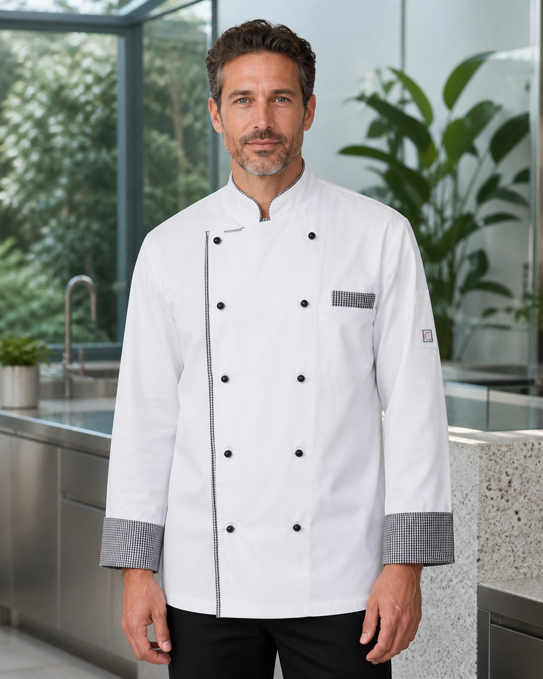 ChefWorks Executive Vented long sleeve chef jacket in white with check trim