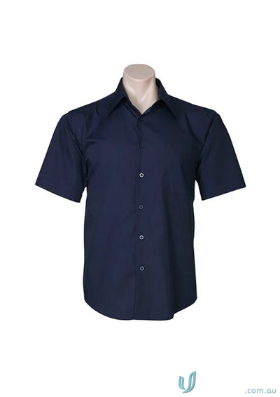 Navy Chelsea SS Shirt in poplin blend, metro short sleeve, tapered fit shirt for men
