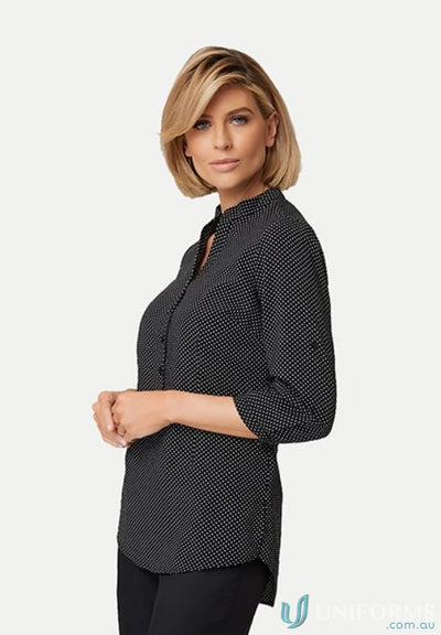 Black and white polka dot blouse with roll-up feature and nehru collar from City Stretch Spot Hi Low, perfect for uniforms