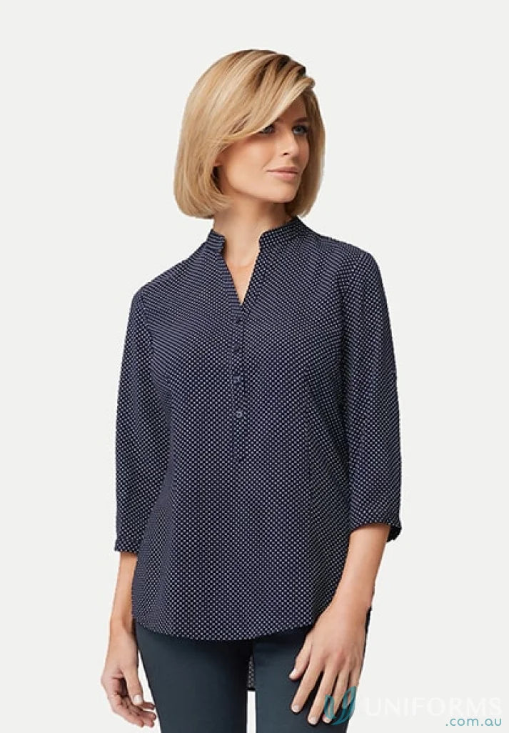 Woman’s Navy Polka Dot Blouse with Roll-Up Sleeves and Nehru Collar in City Stretch Spot Hi Low style