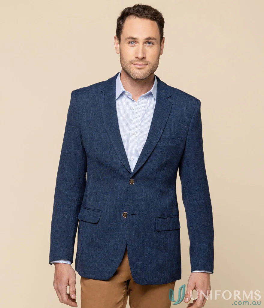 Man in blue blazer wearing Claremont Textured Jacket, a stylish mens textured jacket