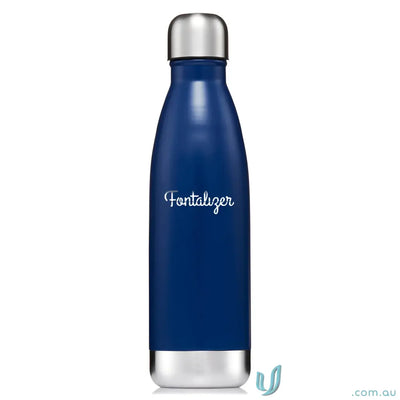 Blue metal water bottle made of double-walled stainless steel for hot and cold drinks