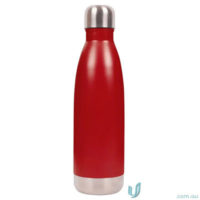 Red metal water bottle made of double-walled stainless steel for hot and cold drinks