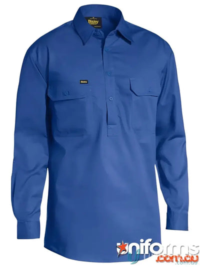 Blue long-sleeved work shirt made from cool lightweight drill fabric for a perfect fit