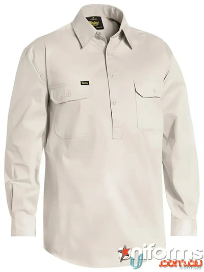 Khaki long-sleeved work shirt from Bisley Closed featuring cool lightweight drill fabric