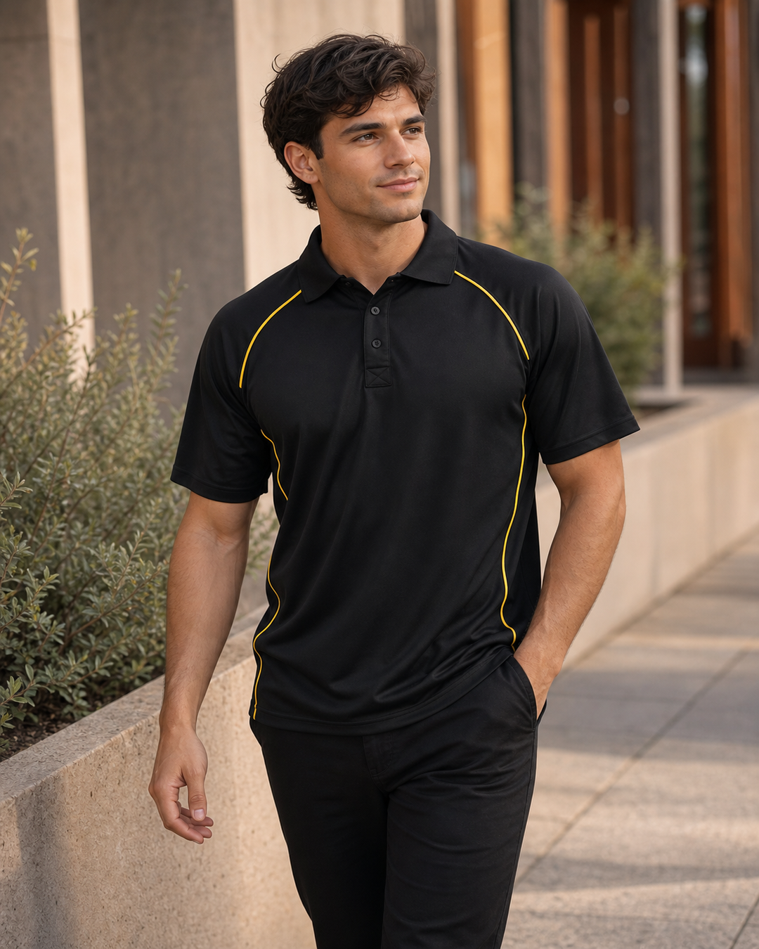 Male model wearing black Colour Option Polo with yellow piping