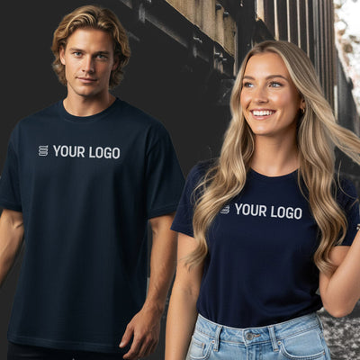 Navy blue printed adult tee moq50 with white Your Logo text and icon